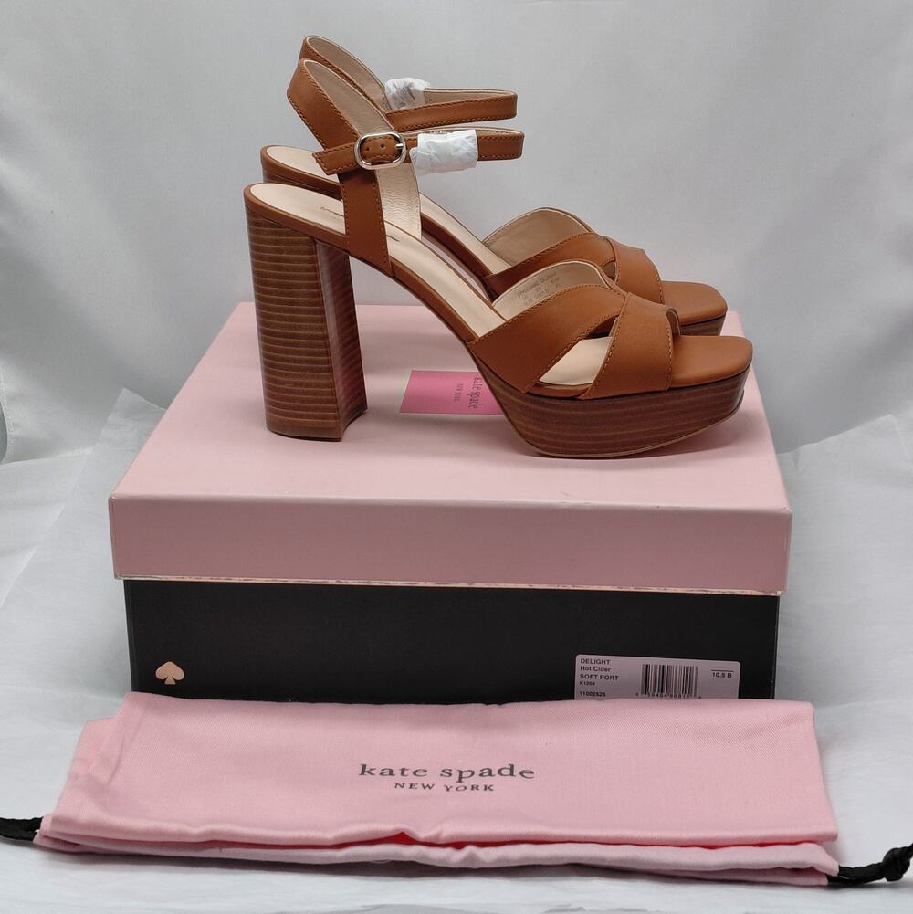Kate Spade Womens Platform Sandals Sz 10.5B Brown Leather Chunky Block Heel Shoe